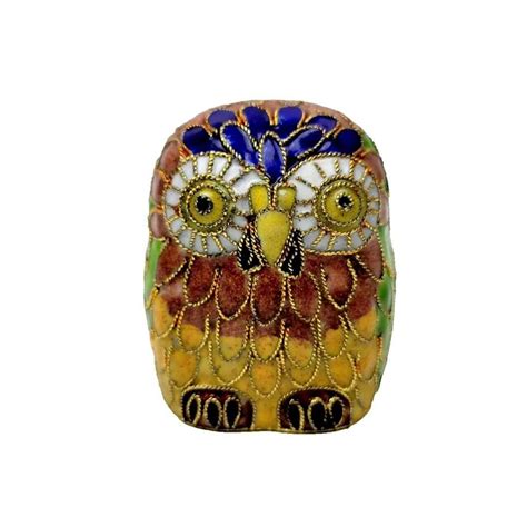 Vintage Cloisonne Double Sided Owl Figurine Bird Enamel Metal Hand