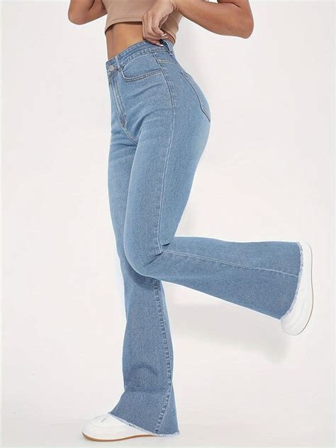 Dunnmall Blue Raw Hem Flare Jeans High Rise High Stretch Slim Fit Bel Women Denim Jeans