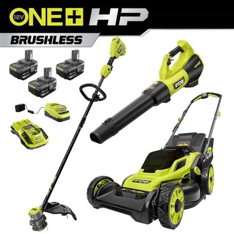 Ryobi One Hp 18v Brushless 16 In Cordless Battery Push Lawn Mower String Trimmer And Blower W