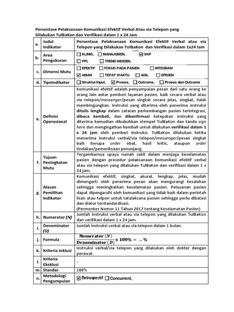 Indikator Iskp Persentase Pelaksanaan Komunikasi Efektif Verbal Atau Via Telepon Yang Dilakukan