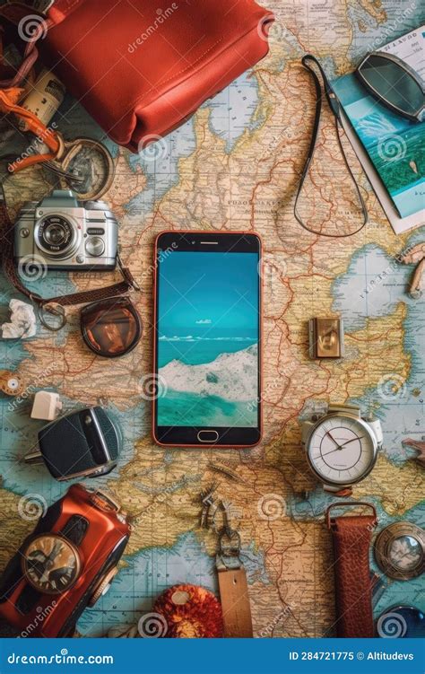 Smartphone Surrounded By Travel Essentials Stock Illustration