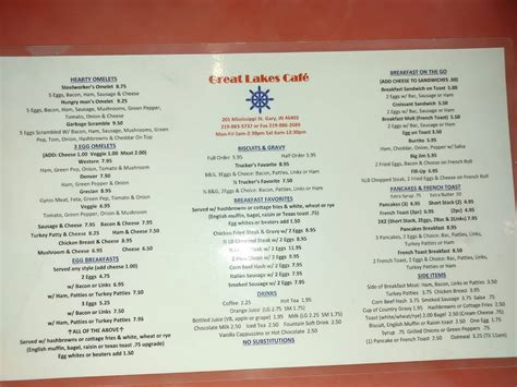 Menu At Great Lakes Cafe Gary