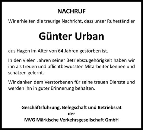 Traueranzeigen Von G Nter Urban Trauer In Nrw De