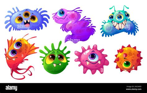 Cute Bacteria Germ And Virus Characters Isolated On White Background