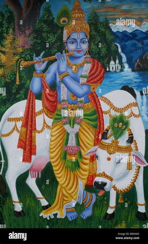 Mural On Hindu Temple Wall Of Krishna Playing His Flute With His Pet