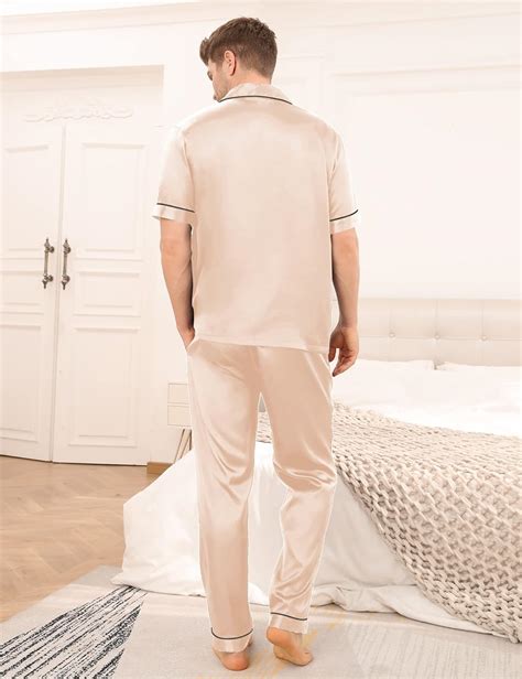 Swomog Mens Silk Satin Pajama Set Short Sleeve Classic Sleepwear