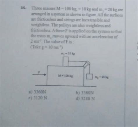 Three Masses M 100 Kg 10 Kg And M2 20 Kg Are Amanged In A System As Show