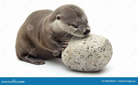 Cute Otter Playing with Rock Isolated on White Stock Image - Image of isolated, wildlife: 309268625