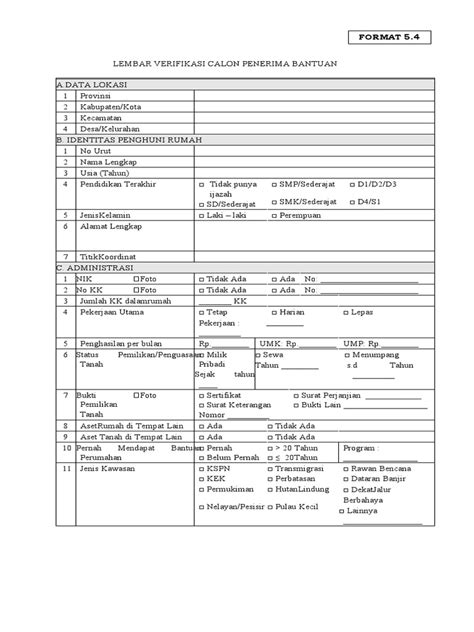 Format 5 4 Lembar Verifikasi Calon Penerima Bantuan Pdf