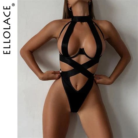 Ellolace Bandage Sexy Lingerie Bodysuit Women Halter Hollow Out Exotic