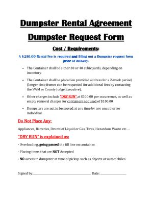 Fillable Online Dumpster Rental Agreement Dumpster Request Form Fax