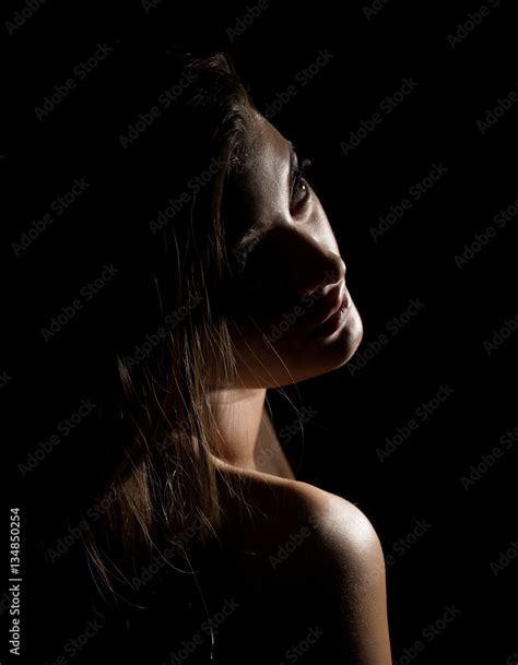 Silhouette Of Nude Beautiful Asian Woman On Black Background Stock