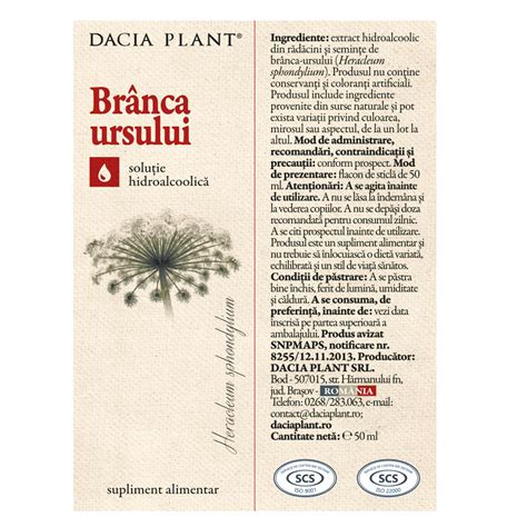 Tinctura De Branca Ursului Ml Dacia Plant Farmacia Tei Online