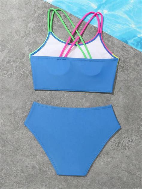 Tween Girl Color Block Crisscross Back Bikini Swimsuit SHEIN USA