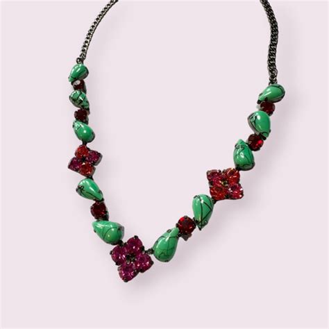 Amelie Jade Green Fuchsia Stone Ornate Necklace One Button