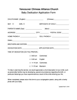 Fillable Online VCAC Baby Dedication Application Form Vancouver