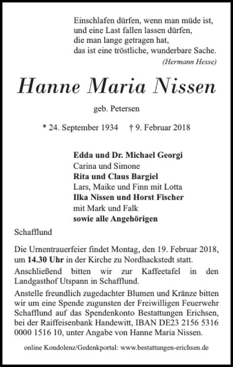 Traueranzeigen Von Hanne Maria Nissen Sh Z Trauer