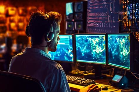 Premium Photo Man Wearing Headphones Sitting In Front Of Computer