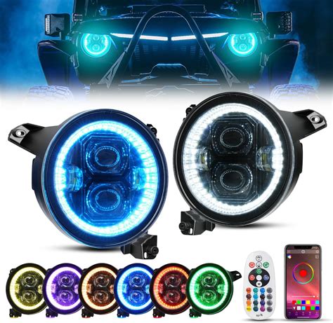 Amazon SUPAREE 9 Inch LED Headlights RGB Halo Ring Angel Eyes