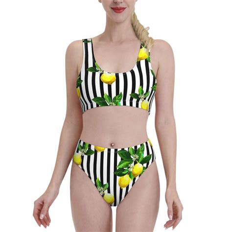Adobk Lemons On Striped Print Women High Waisted Bikini Set Sports