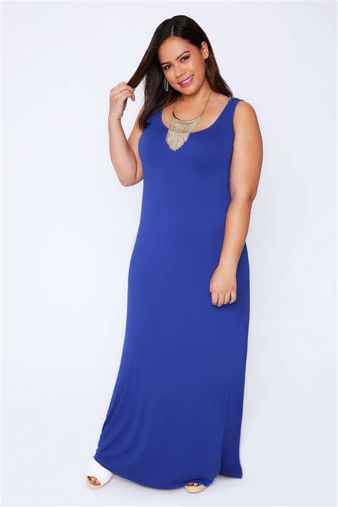 Blue Plain Sleeveless Jersey Maxi Dress Plus Size 16 To 32