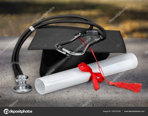 Graduation Hat Diploma Stethoscope Close View Stock Photo By