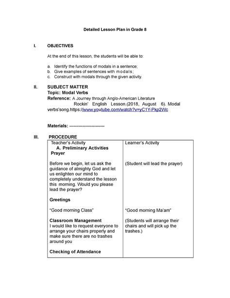 2modal Verbs Lesson Plan In English Detailed Lesson Plan In Grade 8 I Objectives At The End