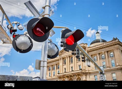 Train Traffic Signals And Neoclassical Courthouse Upward Perspective