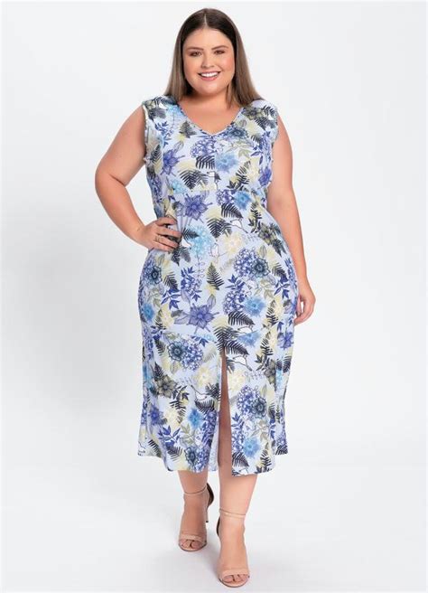 Vestido Midi Floral Azul Com Fenda Plus Size Marguerite