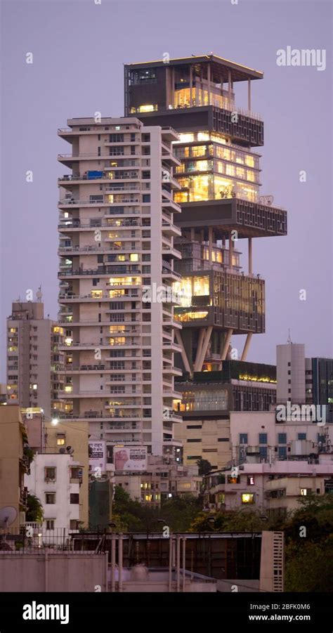 VIEW OF ANTILLA, RESIDENCE OF MUKESH AMBANI, IN THE EVENING WITH ...