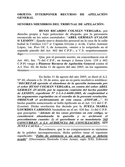 Modelo De Escrito De Apelacion Pdf Queja Apelación