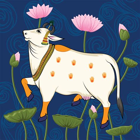 Indian Traditional Rajasthani Painting Cow And Lotus In Pattern