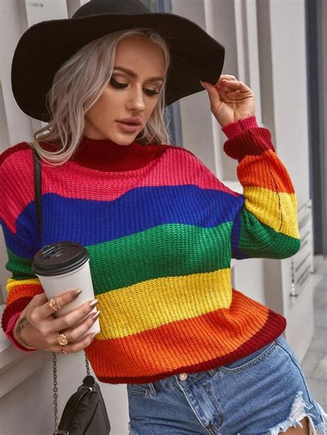 Rainbow Striped Mock Neck Ribbed Knit Sweater Shein Usa Nel 2021