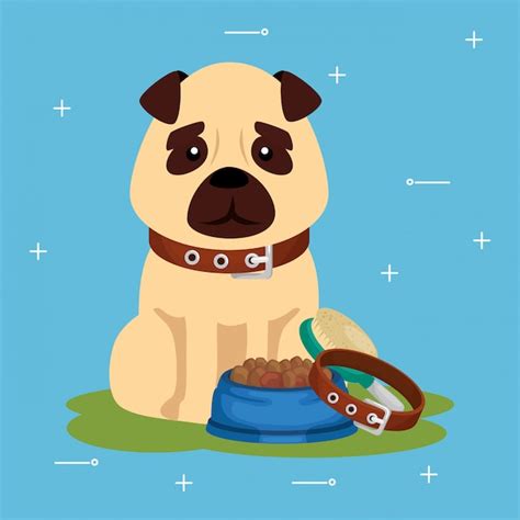 Lindo Perro Con Plato De Comida Y Collar Vector Premium