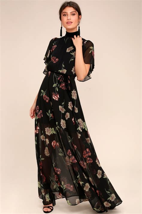 Lovely Black Floral Print Dress Maxi Dress Ruffled Dress Lulus