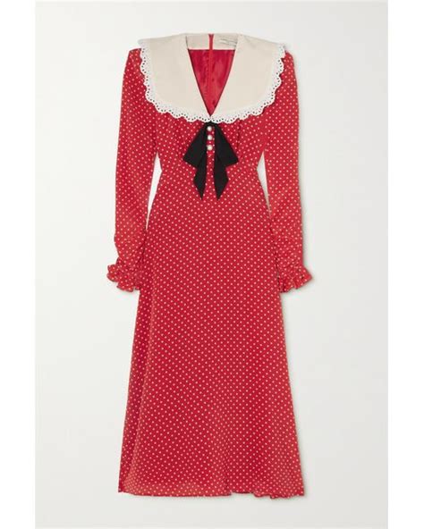 Alessandra Rich Broderie Anglaise Trimmed Polka Dot Silk Crepe De Chine Midi Dress In Red Lyst