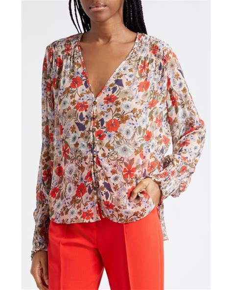 Veronica Beard Neha Floral Print Smocked Top In Red Lyst