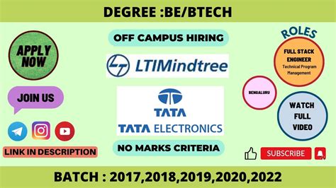 Lti Mindtree Tata Electronics Be Btech New Off Campus Hiring