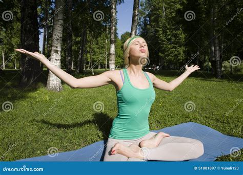 Blonde Real Girl Doing Yoga In Green Park On Grass Stock Image Image Of Leisure Outdoors