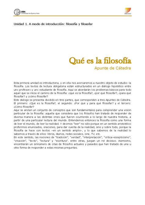 Guia Filosofia Unidad A Modo De Introducci N Filosof A Y