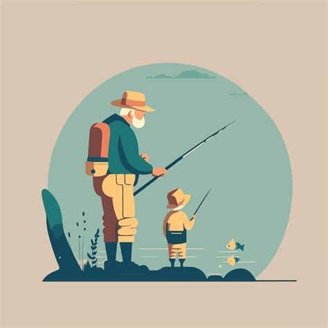 Pai E Filho Pescando Juntos Em Uma Bela Paisagem Montanhosa Vetor Premium