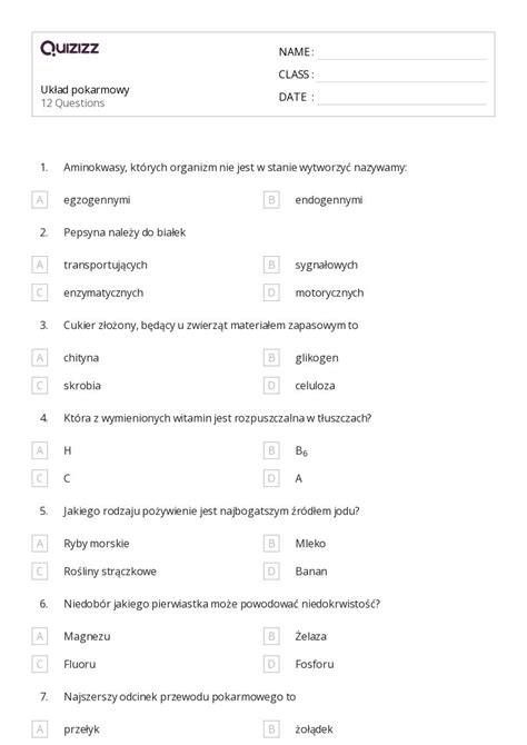 Ponad Uk Ad Pokarmowy I Wydalniczy Arkuszy W Quizizz Darmowe I Do