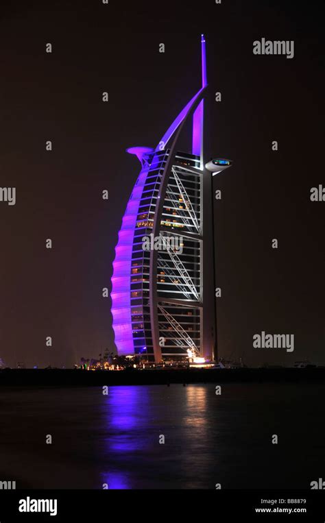 Illuminated Facade Of The Seven Star Hotel Burj Al Arab At Night