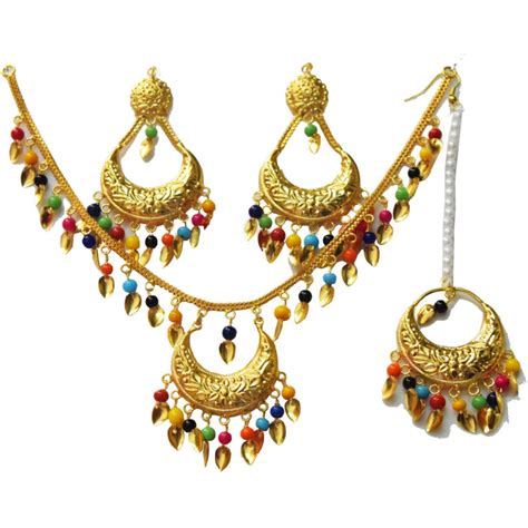 Gold Polished Punjabi Traditional Pendant Chain Earrings Tikka Set