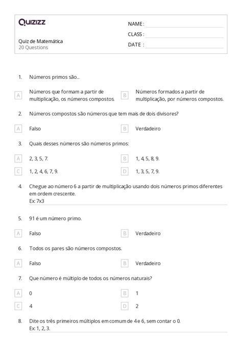 Números Primos E Compostos Imprimível 6ª Série Planilhas Quizizz