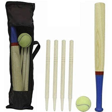 6 Piece Wooden Rounders Set And Carry Bag Baseball Bat And Soft Tennis