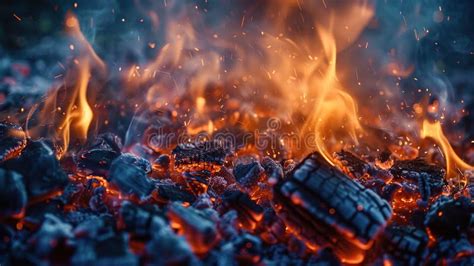 BBQ Grill With Glowing And Flaming Hot Charcoal Briquettes Food Background Or Texture Stock