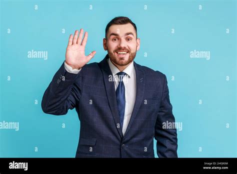 Hello Portrait Of Friendly Glad Handsome Brunette Man With Beard