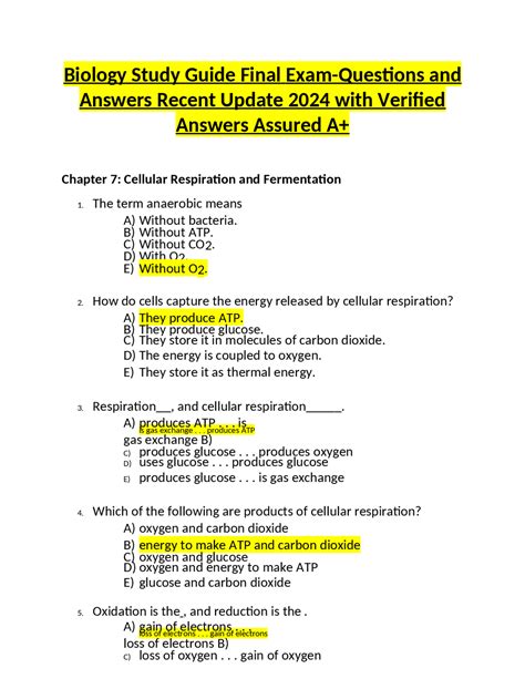 Honors Biology Final Exam Study Guide Answers 1