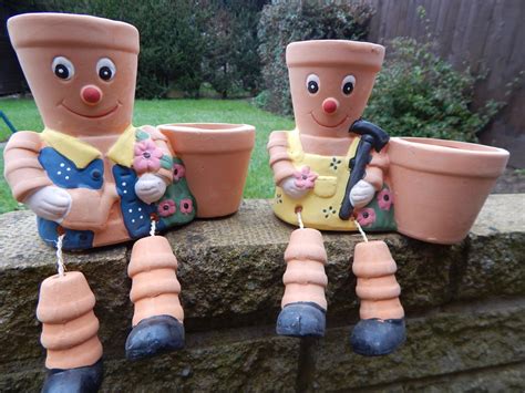 Pair Of Cheeky Terracotta Flower Pot Men Garden Decorative Ornament